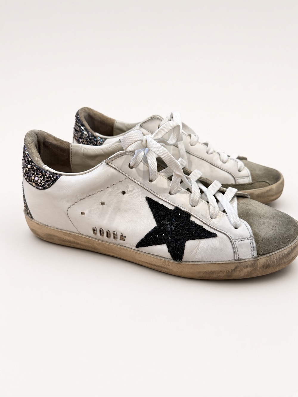 Golden Goose White Leather Sneakers with Black Star and Silver Glitter Heel